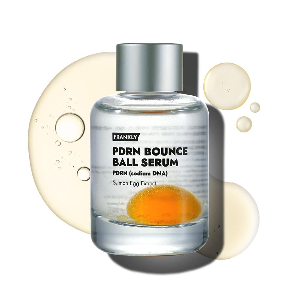 FRANKLY Salmon PDRN Bounce Ball Serum bottle demonstrates a lightweight texture for smooth skin prep.