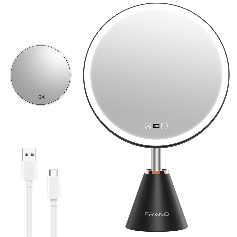 FRANO 10.5-inch makeup mirror with lights for precise makeup application in daylight-like clarity.