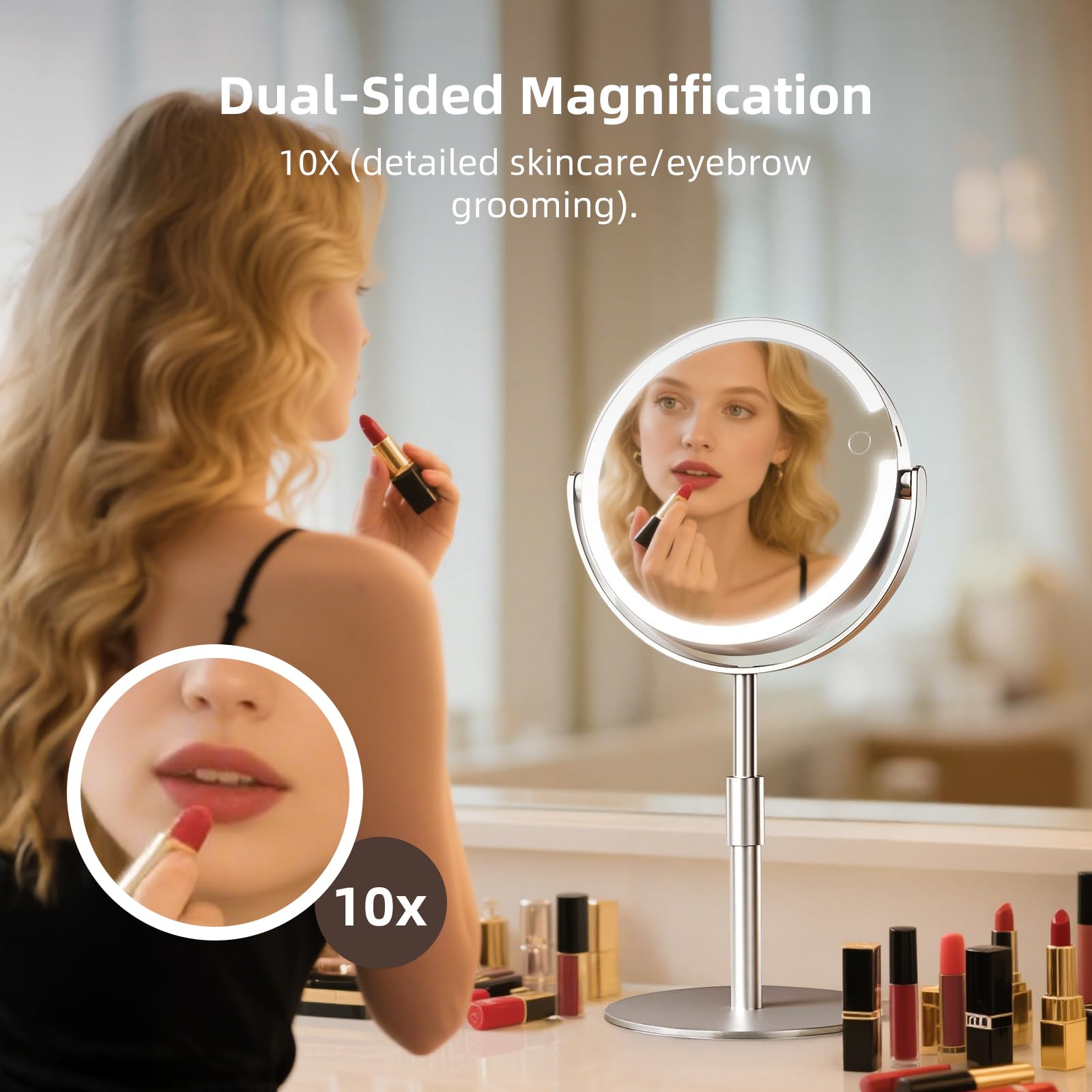 FRANO vanity mirror with lights 10X magnifier for precise eyebrow and eyeliner detailing