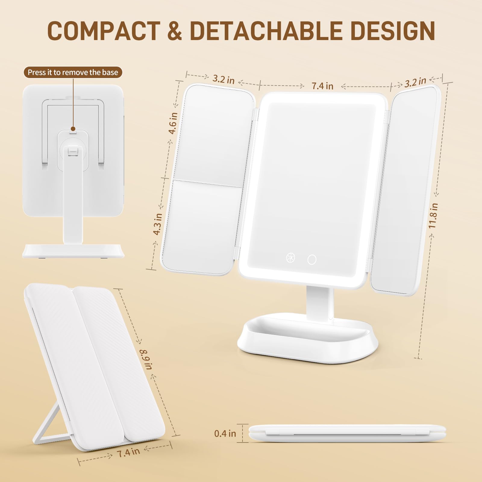 FRANO vanity mirror magnification-rows shows 1x-3x-5x for brow and liner precision.