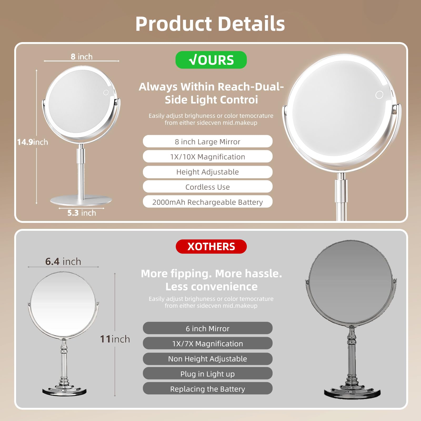 FRANO vanity mirror with lights cordless operation up to 6 hours on charge