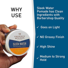Frederick Benjamin Sleek Water Pomade application on damp hair demonstrates easy shaping.