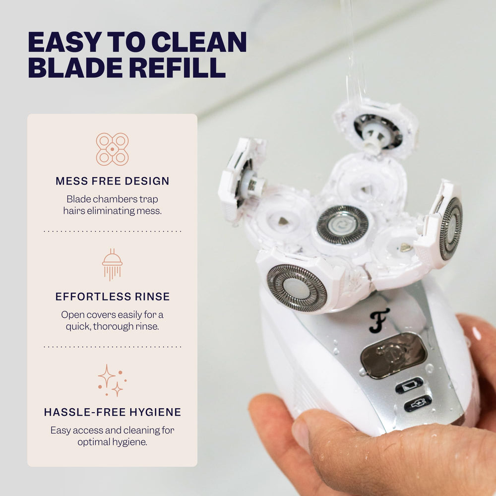 Freebird Bodysmooth cleanup chamber captures hair for easy disposal.