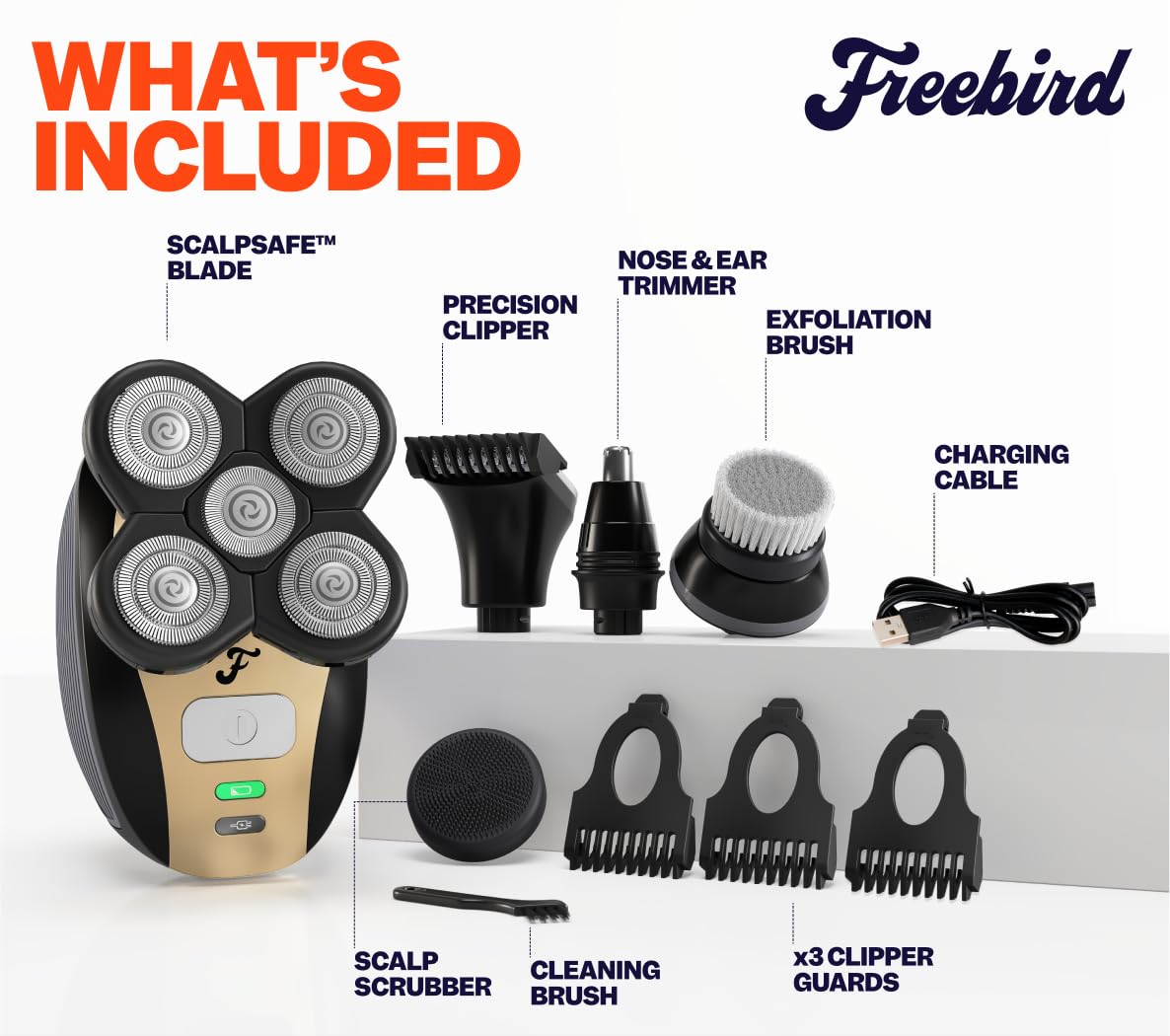Freebird FlexSeries body guard attachments for precise trimming along curves.
