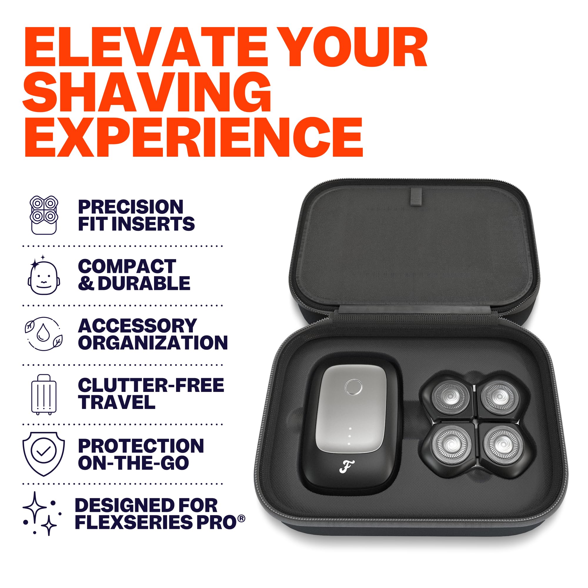 Freebird FlexSeries Pro Travel Case interior—the organized compartments keep shaver and accessories easy to access.