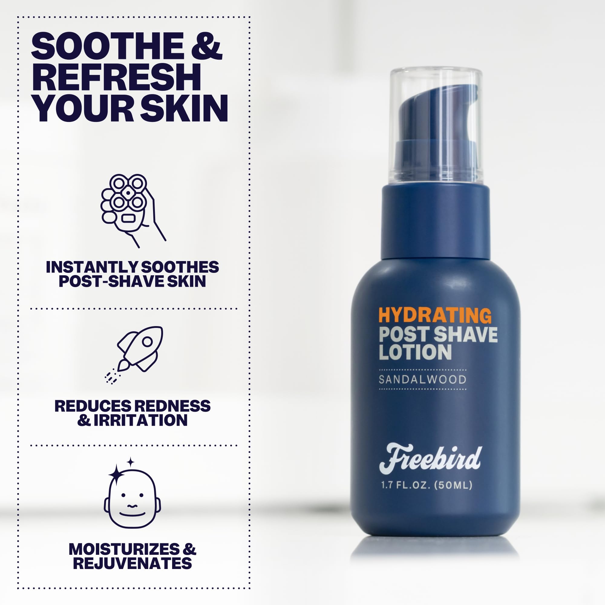 Freebird post-shave lotion with natural sandalwood scent for daily ritual.
