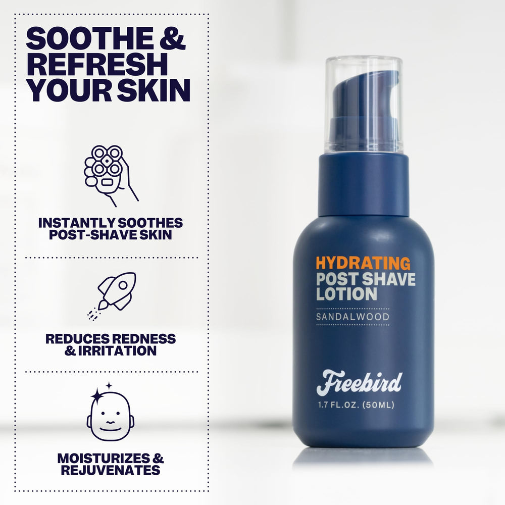 Freebird post-shave lotion with natural sandalwood scent for daily ritual.