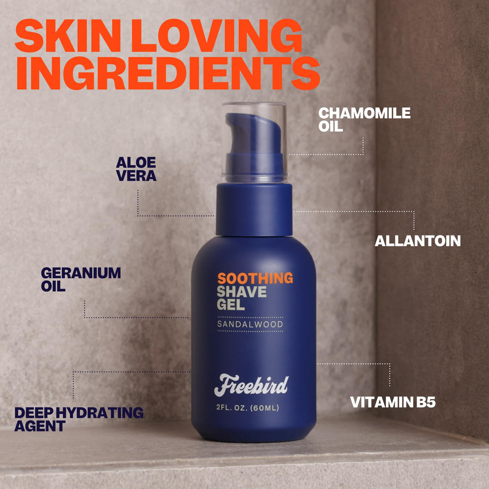 Freebird Shave Gel for Men with aloe vera hydrating skin during shave.