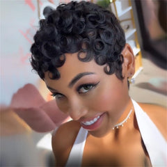 FREEKWEEN Pixie Cut Bob wig close-up shows silky Brazilian hair and natural black color.