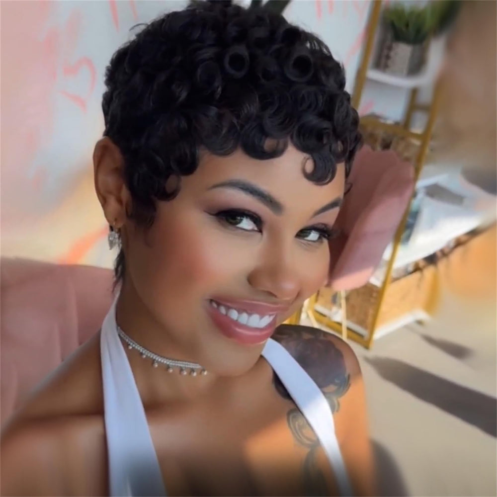 FREEKWEEN Pixie Cut Bob wig natural-look image highlights layered texture for realism.