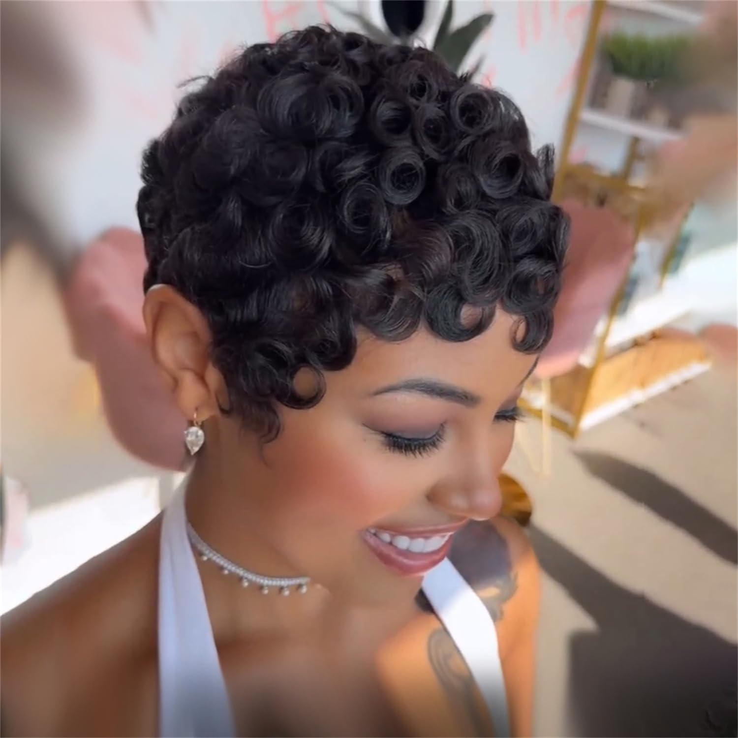 FREEKWEEN Pixie Cut Bob wig secure-fit front view with adjustable straps.