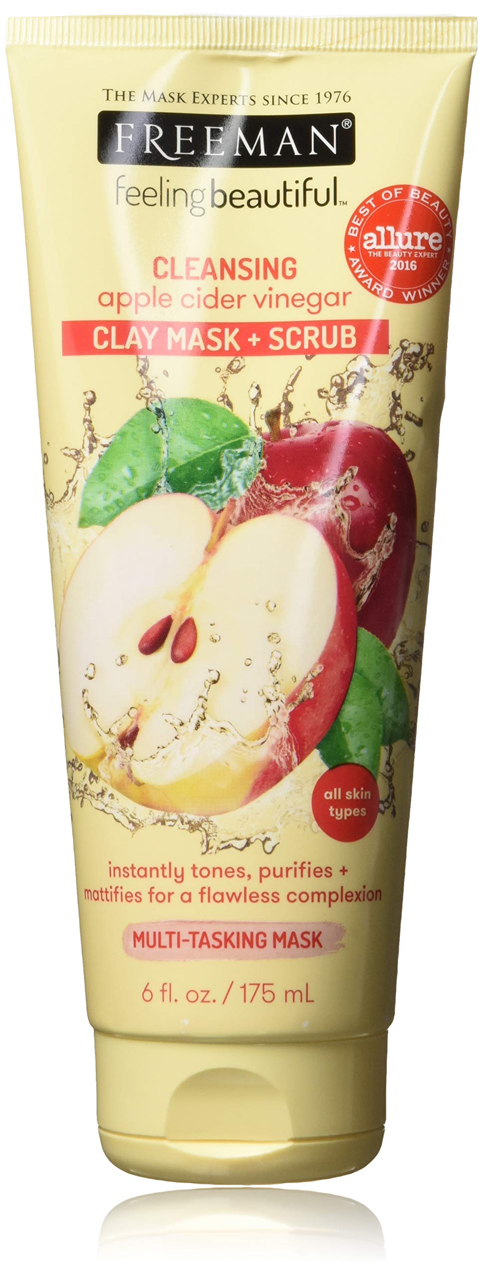 Freeman Apple Cider Vinegar Clay Mask tube shown for pore-purifying, multi-task skincare.