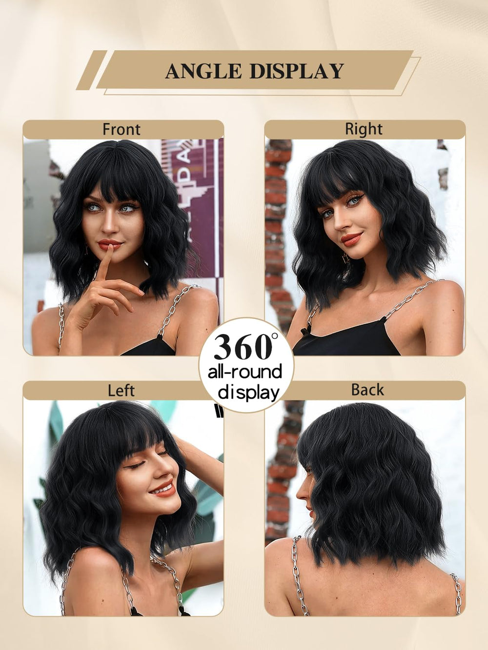 FREEMEIGE black short bob wig side view highlighting flowing waves and shoulder-length shape