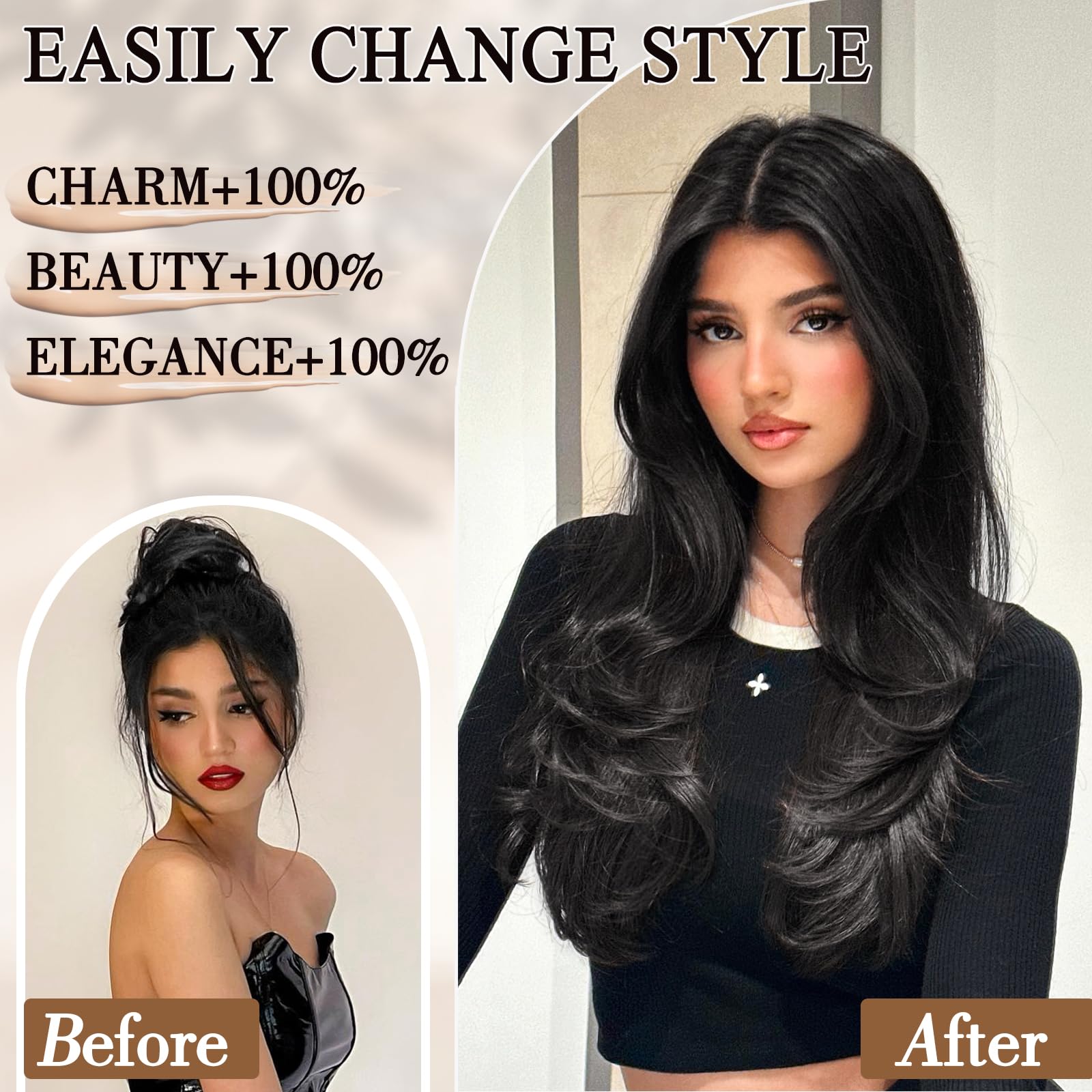FREEMEIGE clip-ins 4-piece set demonstrates quick length and fullness for bold looks.