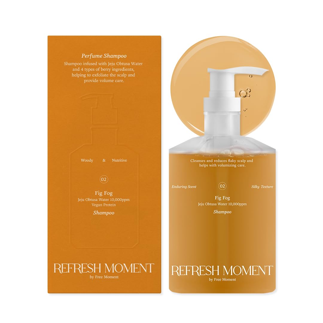 FREEMOMENT perfume shampoo bottle shows vegan formula for gentle cleansing and lasting fragrance.