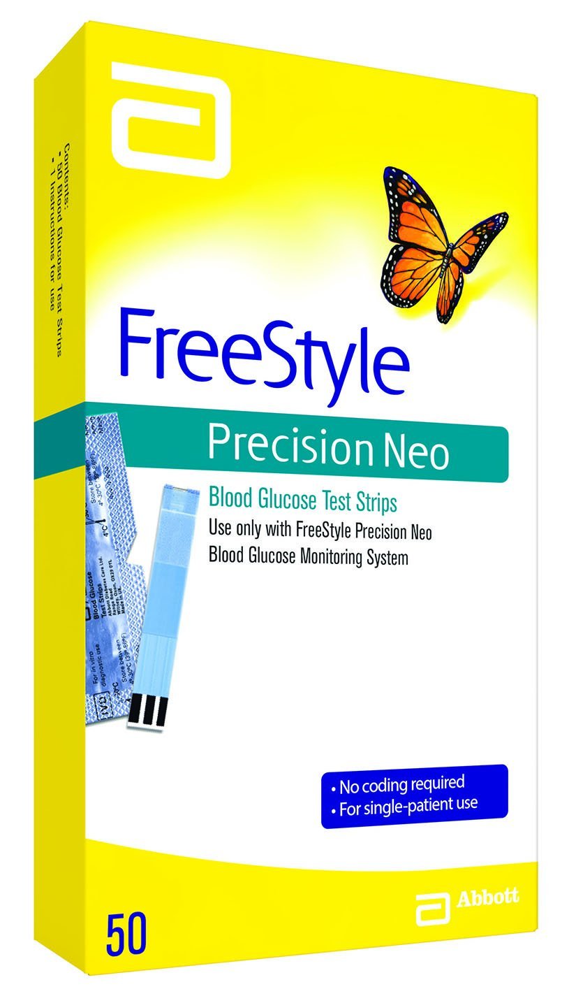 Freestyle Precision Neo test strip closeup for reliable at-home glucose monitoring.