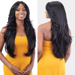 FreeTress Equal Curtain Bangs HD lace front wig Bombshell curl-out bangs in action
