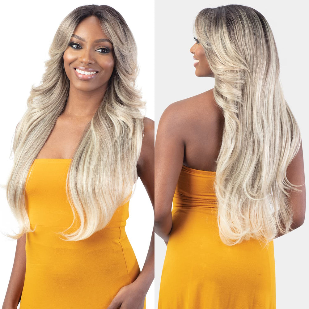 Freetress Bombshell Wig sintética con encaje HD facilita crear un look suave