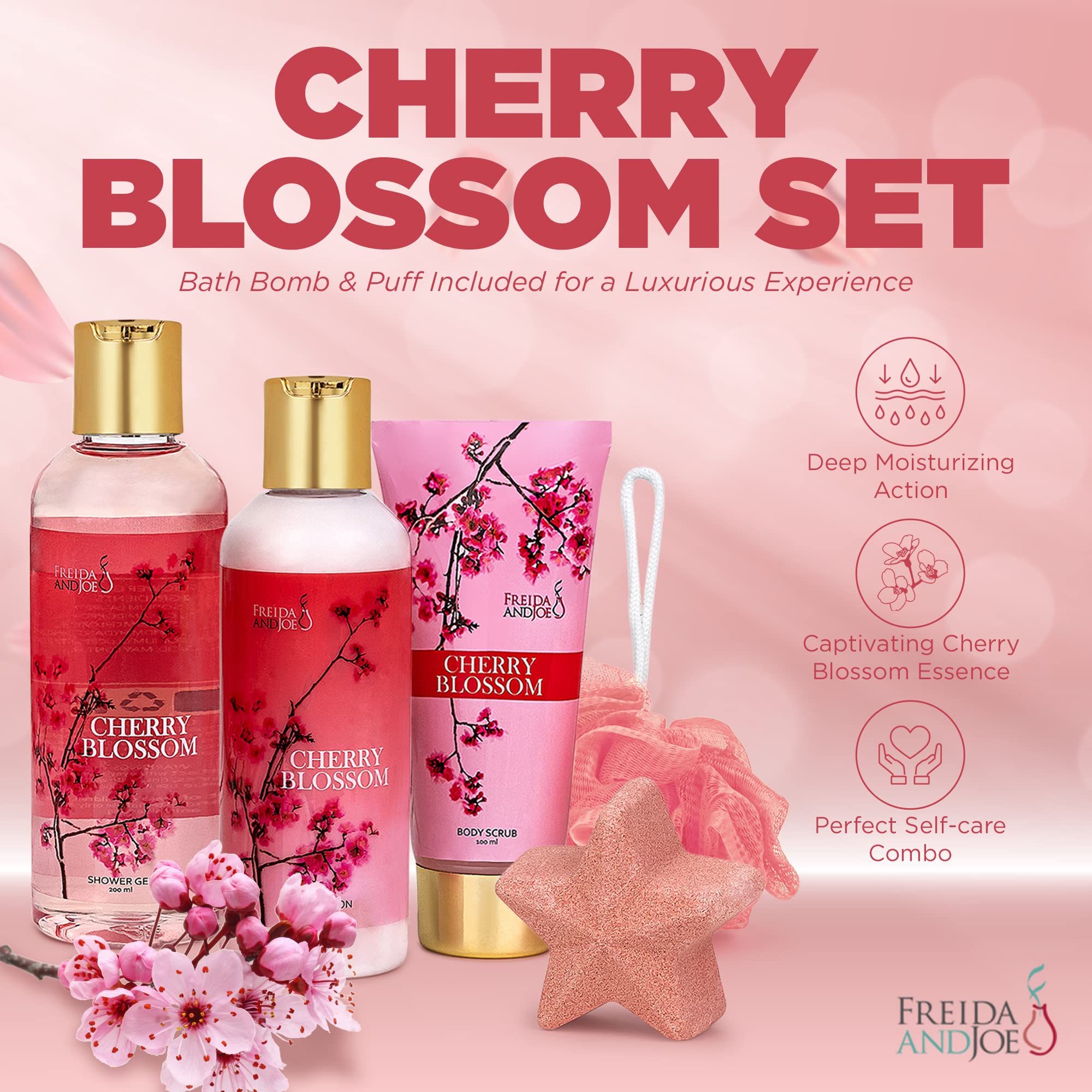 Freida and Joe Cherry Blossom Bath Bomb and Sponge for spa-like baths.