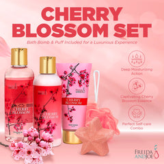 Freida and Joe Cherry Blossom Bath Bomb and Sponge for spa-like baths.
