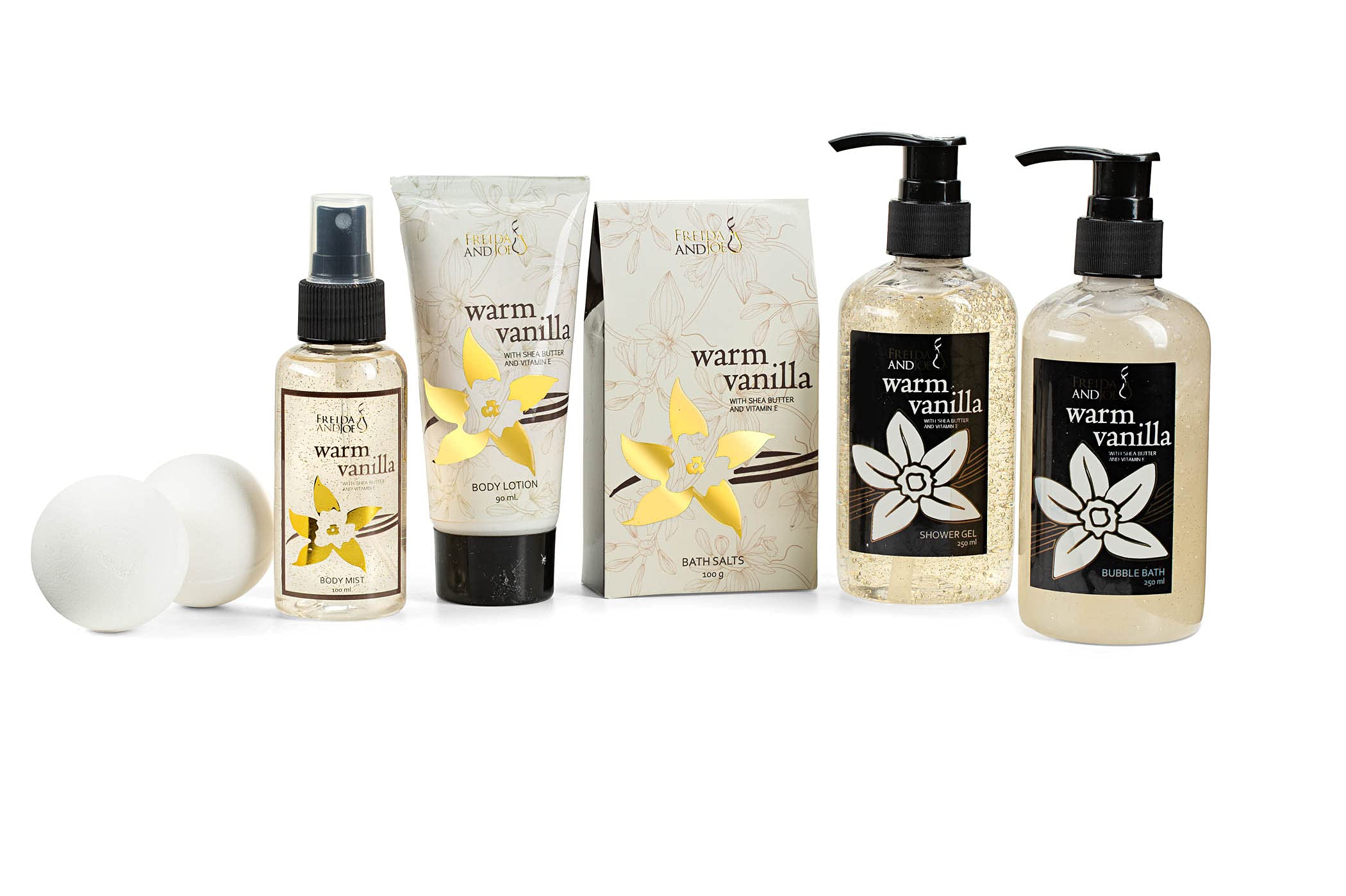 Freida and Joe Warm Vanilla Bubble Bath bottle creates a cozy spa experience.