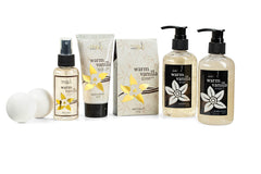 Freida and Joe Warm Vanilla Bubble Bath bottle creates a cozy spa experience.