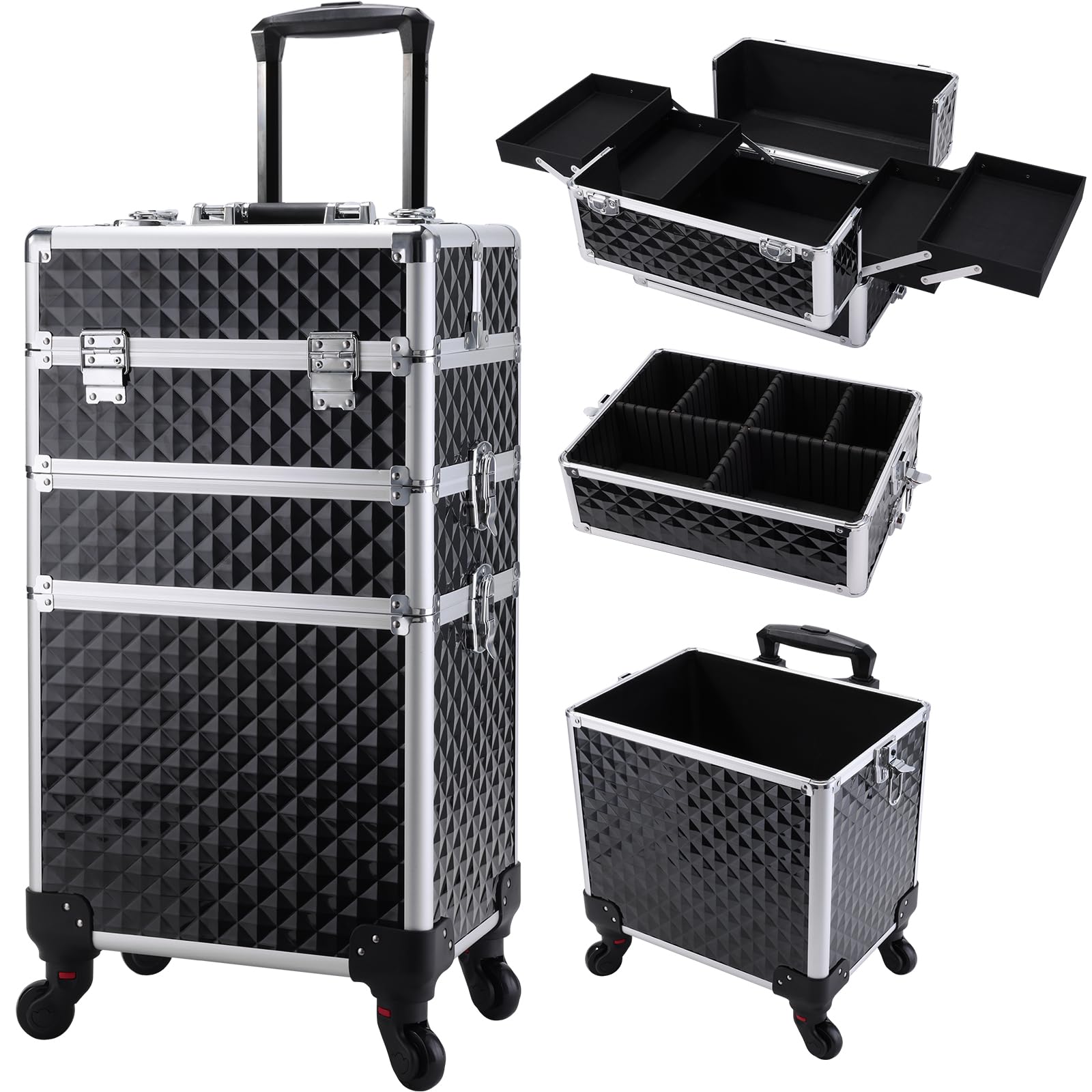FRENESSA 3-in-1 rolling makeup case top compartment for organized on the go.