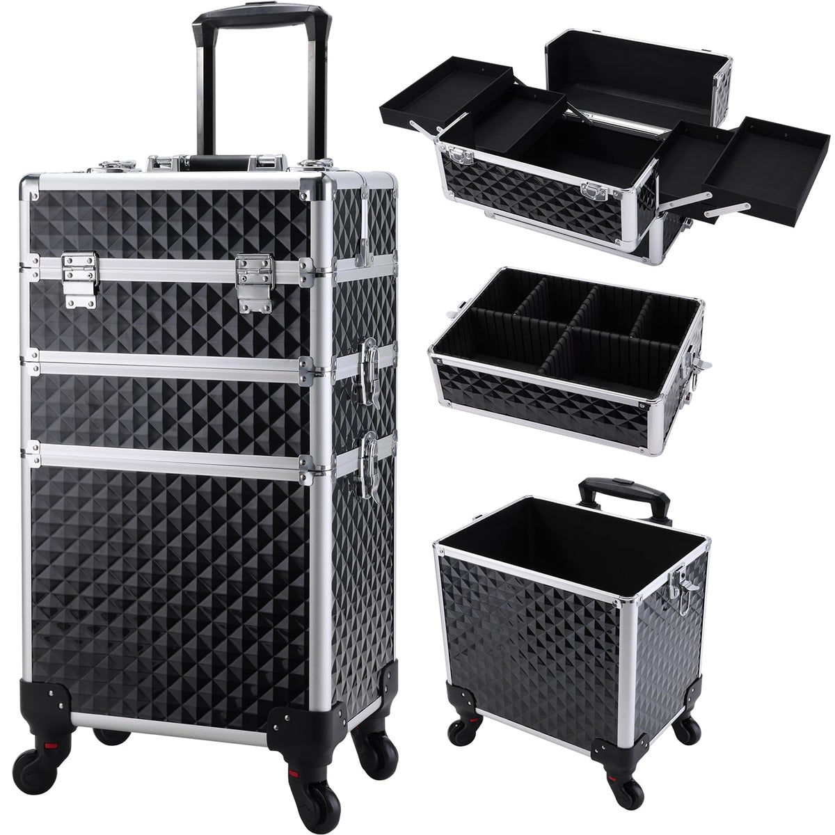 FRENESSA 3-in-1 rolling makeup case top compartment for organized on the go.