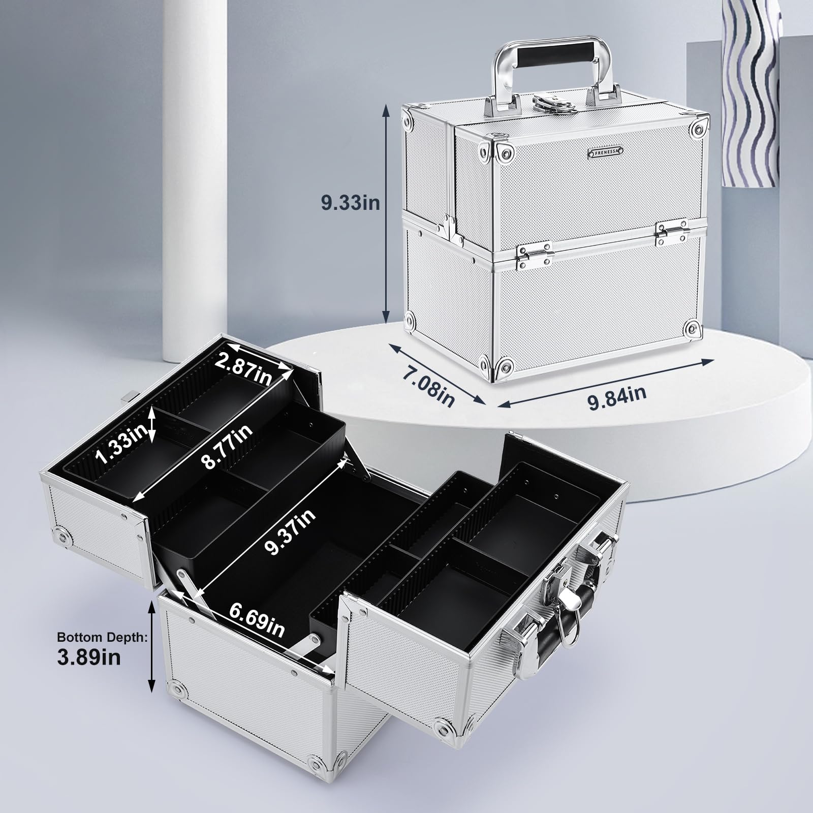 Frenessa bottom compartment space fits palettes and larger items.