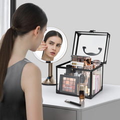 FRENESSA Clear Crown Box open latch illustrates secure, travel-friendly storage for on-the-go makeup.