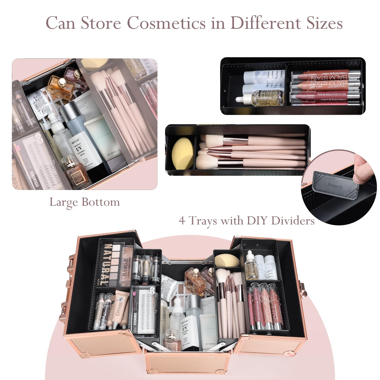 FRENESSA extendable cantilever trays provide organized, easy-access makeup storage.
