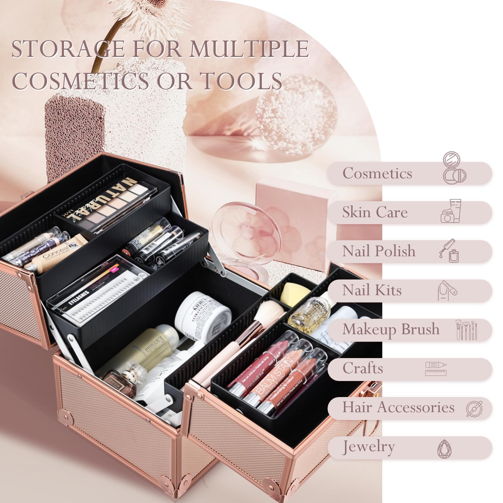 FRENESSA lockable lid keeps cosmetics private and secure during trips.