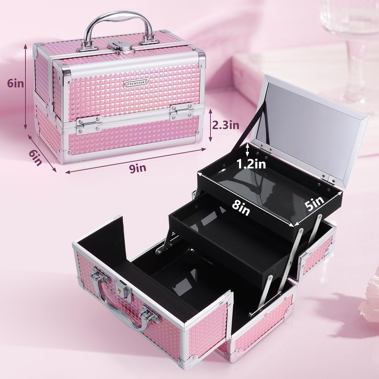 Frenessa makeup case featuring a built-in mirror for quick looks