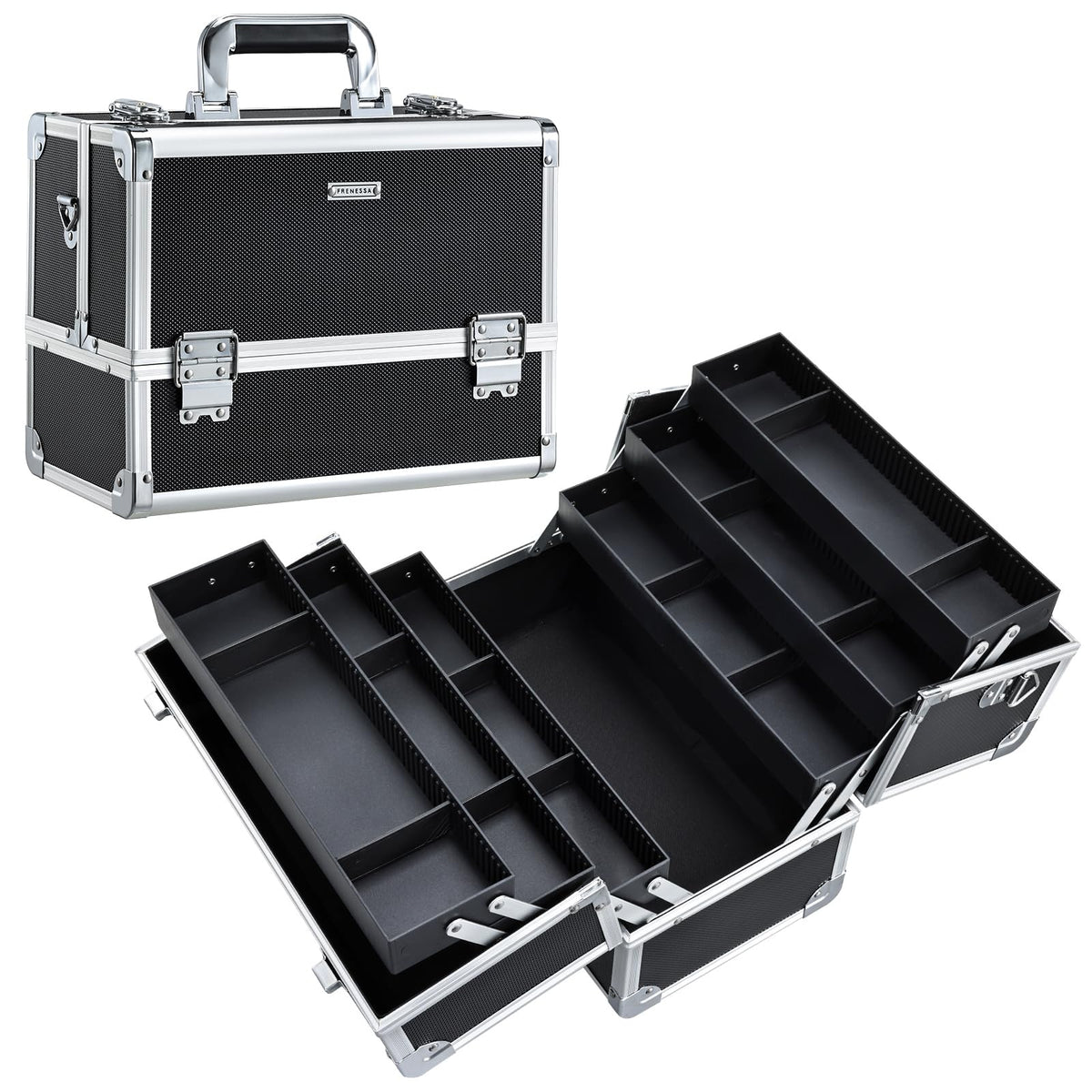 FRENESSA makeup train case, top view showing travel-ready large storage.