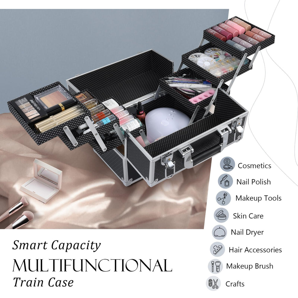 Frenessa train case with extended six trays shows flexible storage for toiletries and nail polishes.