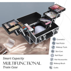 Frenessa train case with extended six trays shows flexible storage for toiletries and nail polishes.