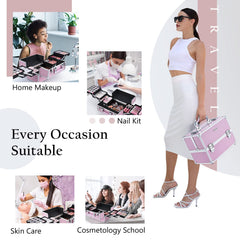 Frenessa makeup train case with six trays open for organized cosmetics