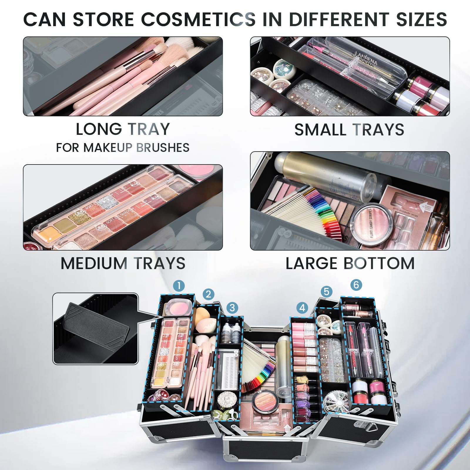 FRENESSA train case with 6 trays for organized cosmetics on the go.