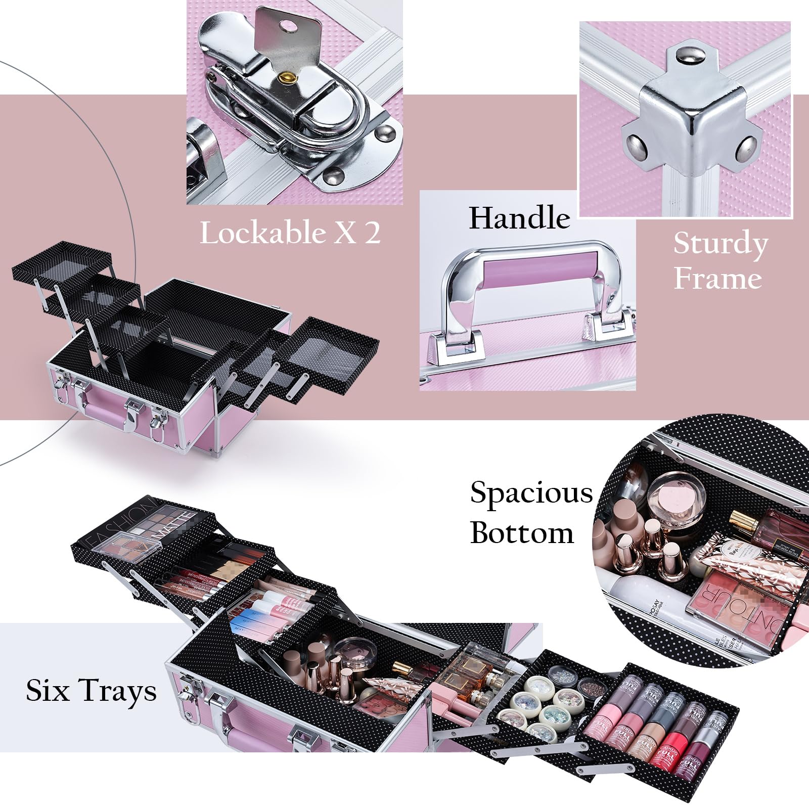 Frenessa makeup train case durable ABS aluminum construction guards contents