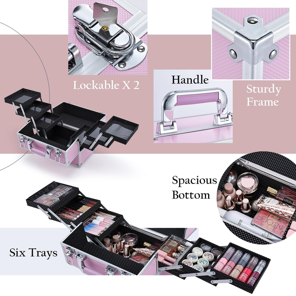 Frenessa makeup train case durable ABS aluminum construction guards contents