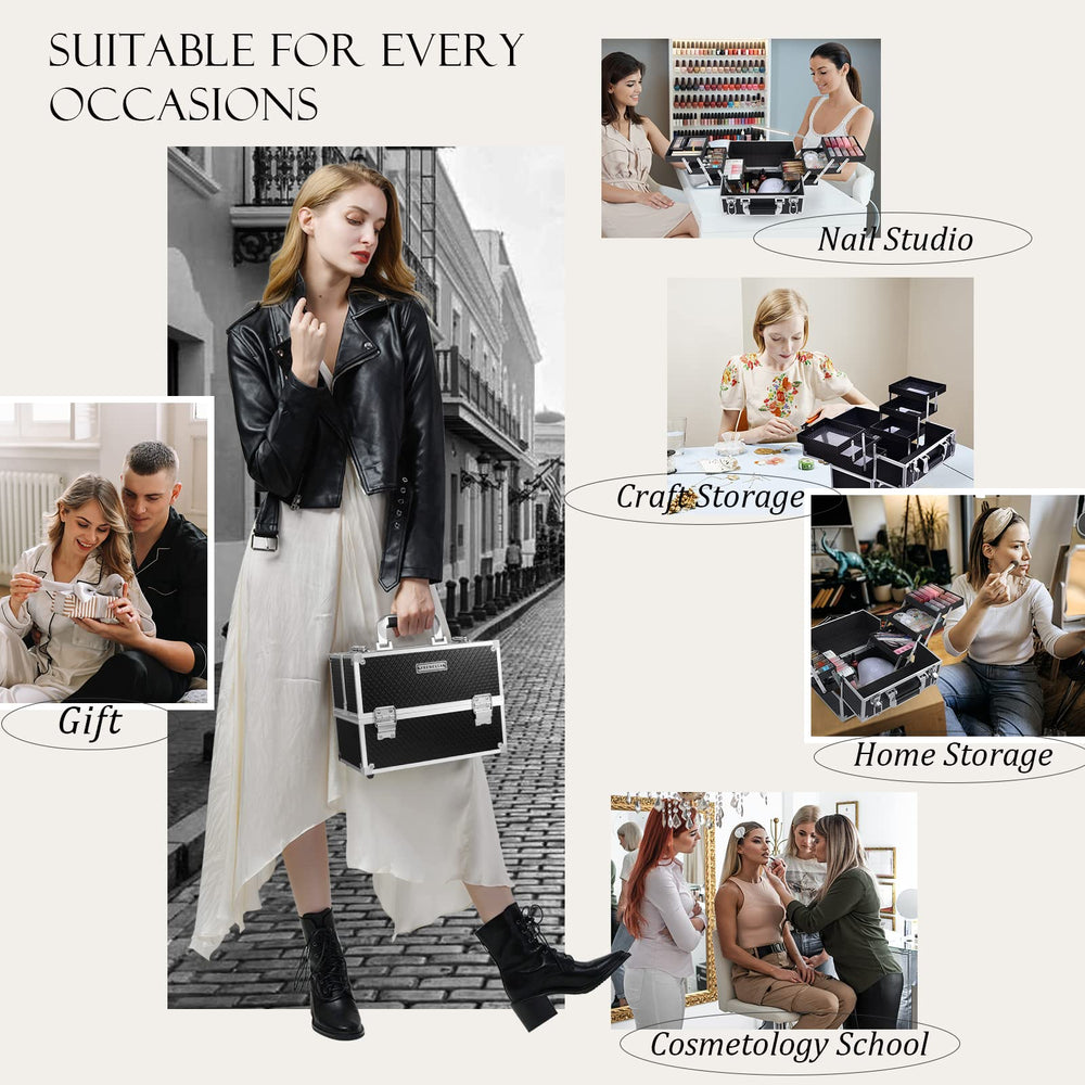 Durable ABS aluminum construction with reinforced corners protects cosmetics.