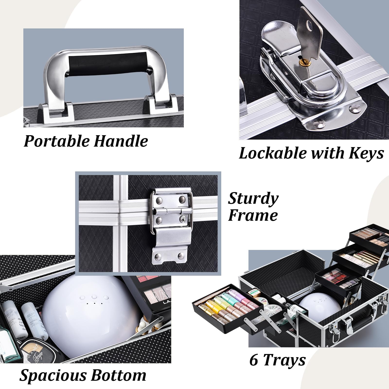 Frenessa lockable makeup case secures belongings during transit.