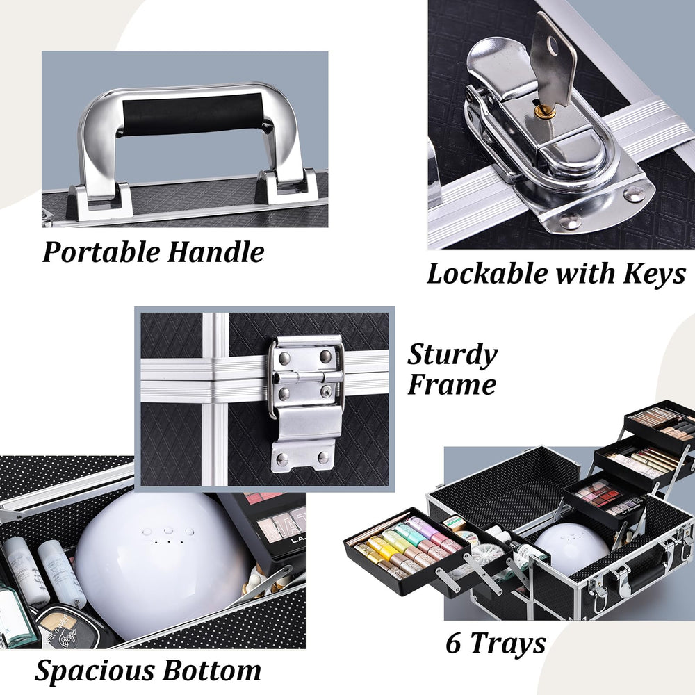 Frenessa lockable makeup case secures belongings during transit.