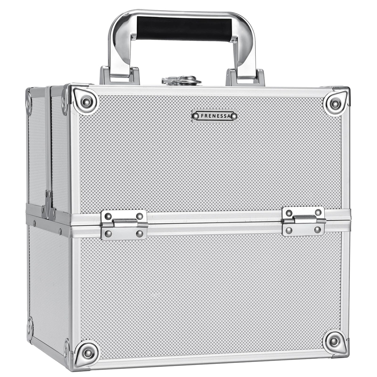 Frenessa makeup train case open lid shows organized interior for travel-ready cosmetics.