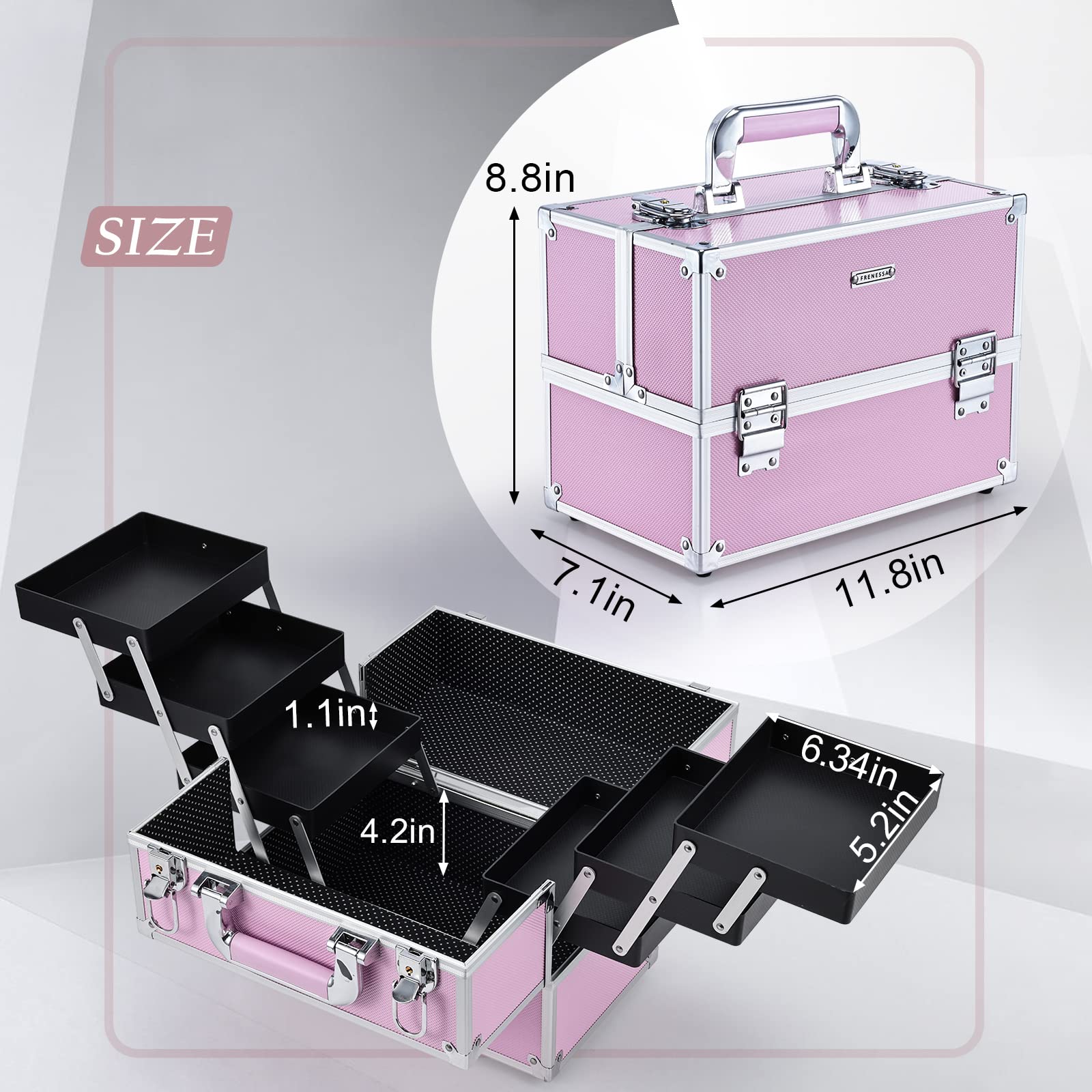Frenessa makeup train case portable with non-slip handle for travel