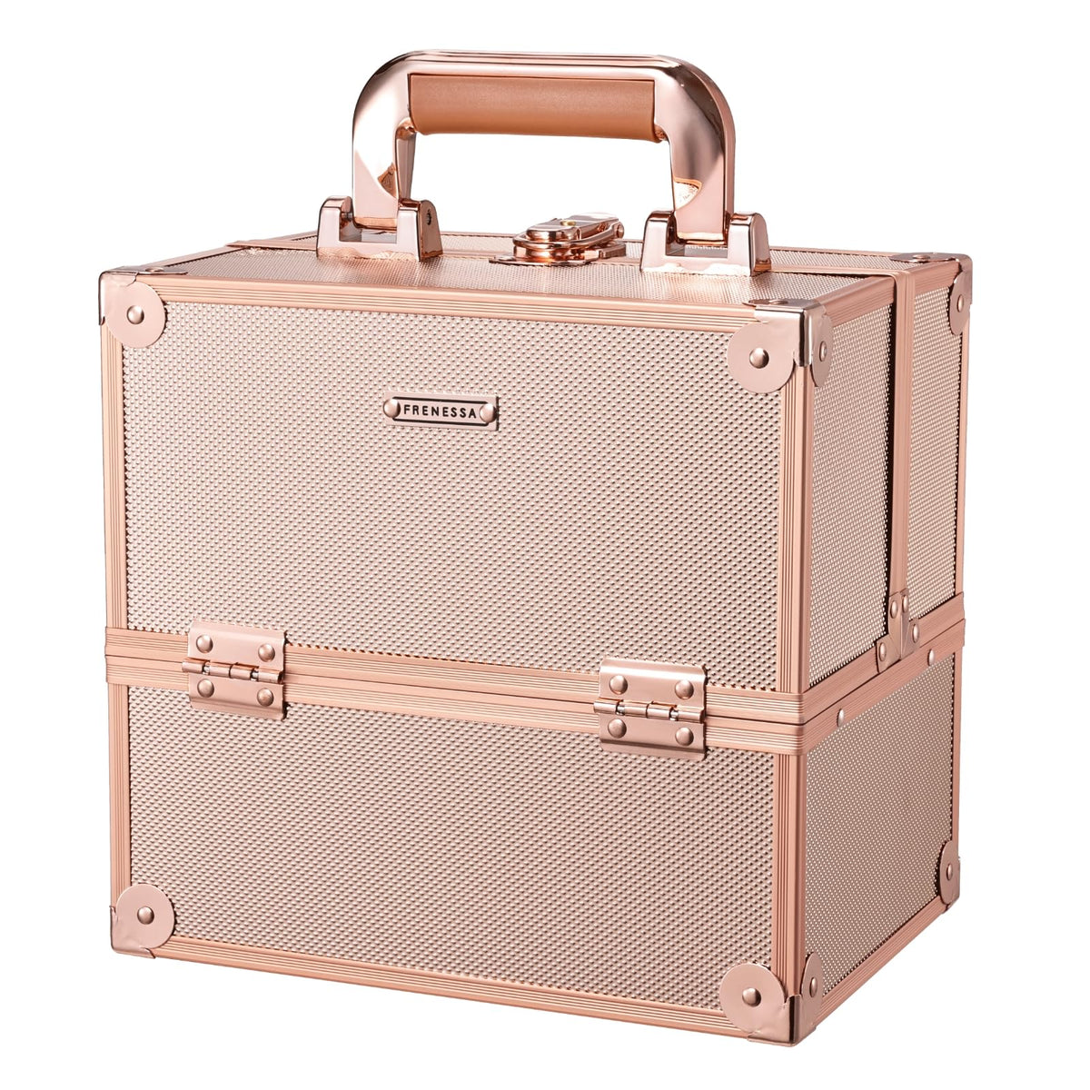 FRENESSA makeup train case in rose gold, closed lid for secure travel.