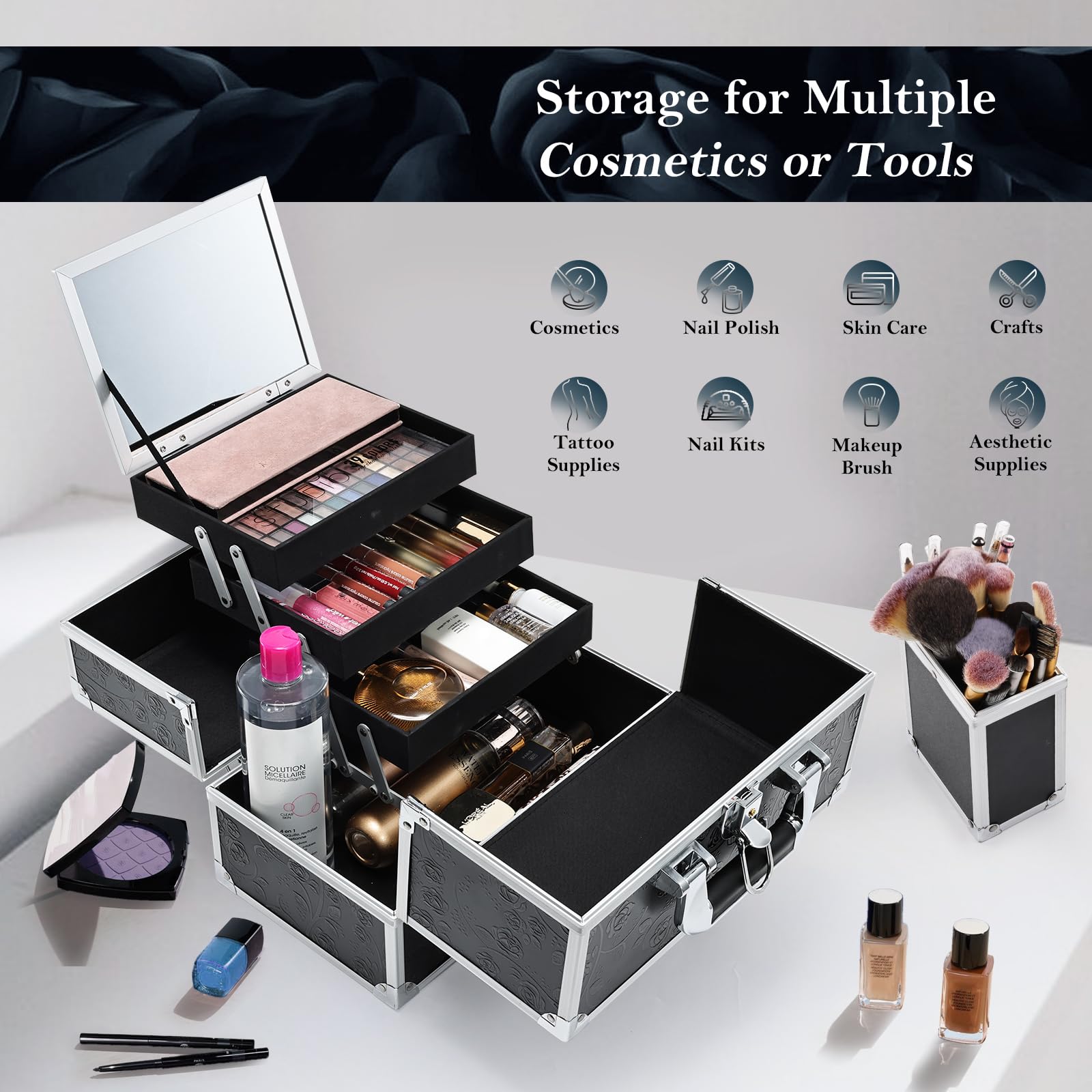 Frenessa case trays organized to fit long palettes and tools