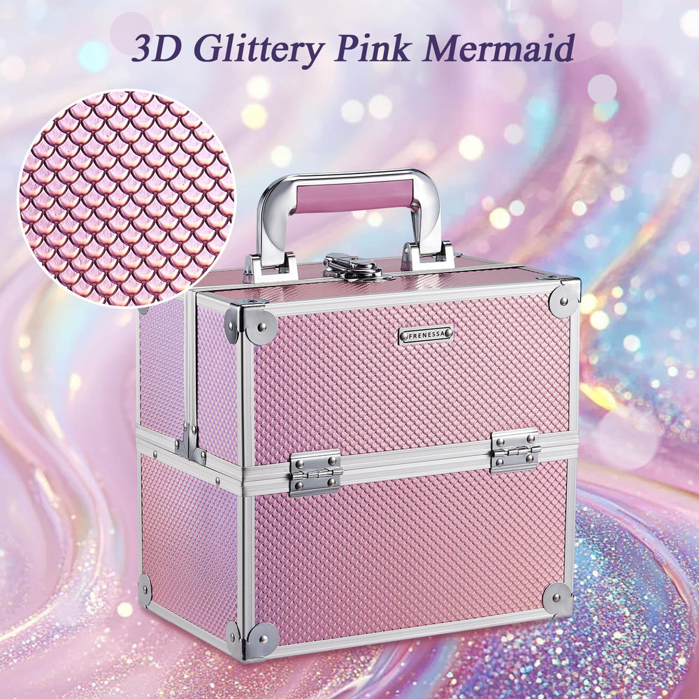 Frenessa Mermaid Pink makeup case large bottom compartment for palettes and bottles.