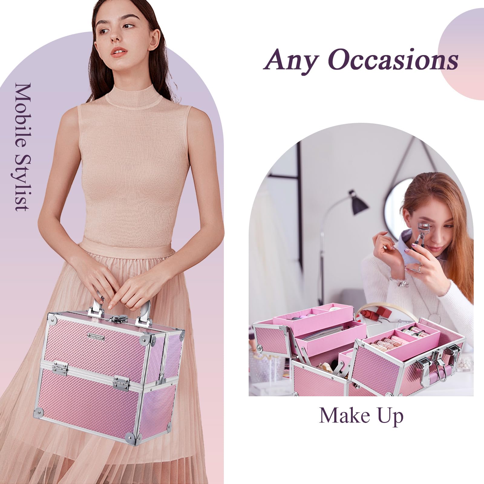 Frenessa Mermaid Pink makeup case reinforced corners enhance durability.