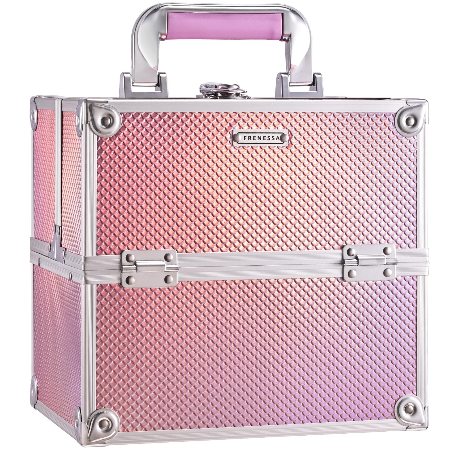 Frenessa Mermaid Pink makeup case front view shows sturdy ABS housing for travel.